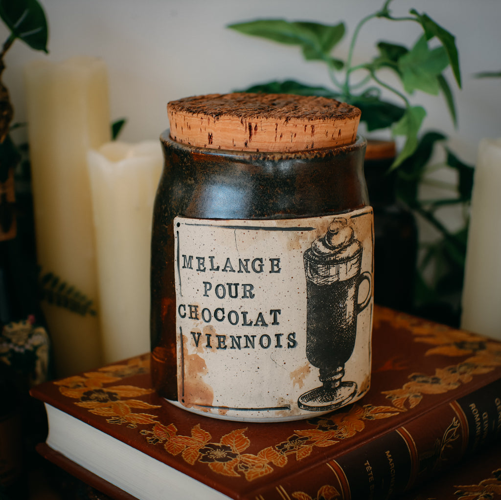 Pot pour cuisine style apothicaire « Mélange pour chocolat viennois» en grès