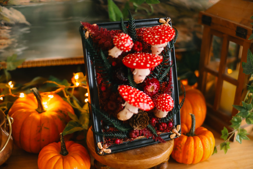 Cadre rectangulaire aux couleurs d'automne et amanites style cabinet de curiosités