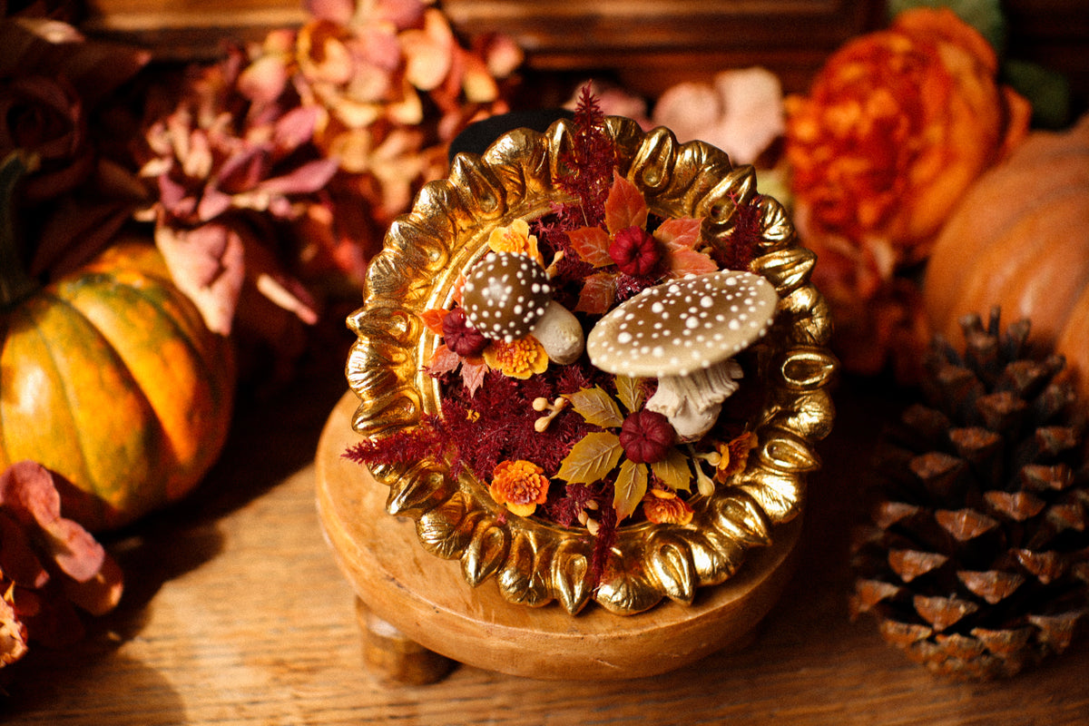Petit cadre rond baroque automnal aux amanites et citrouilles
