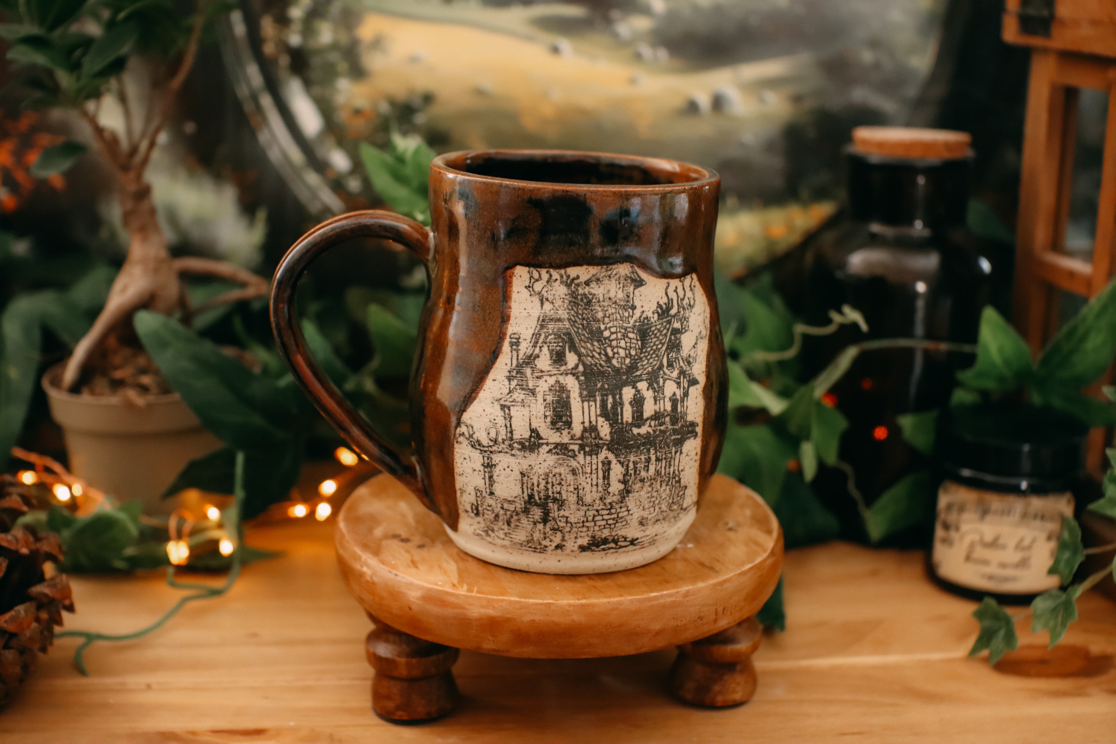 Tasse en grès illustration vintage « Manoir au coin du bois »
