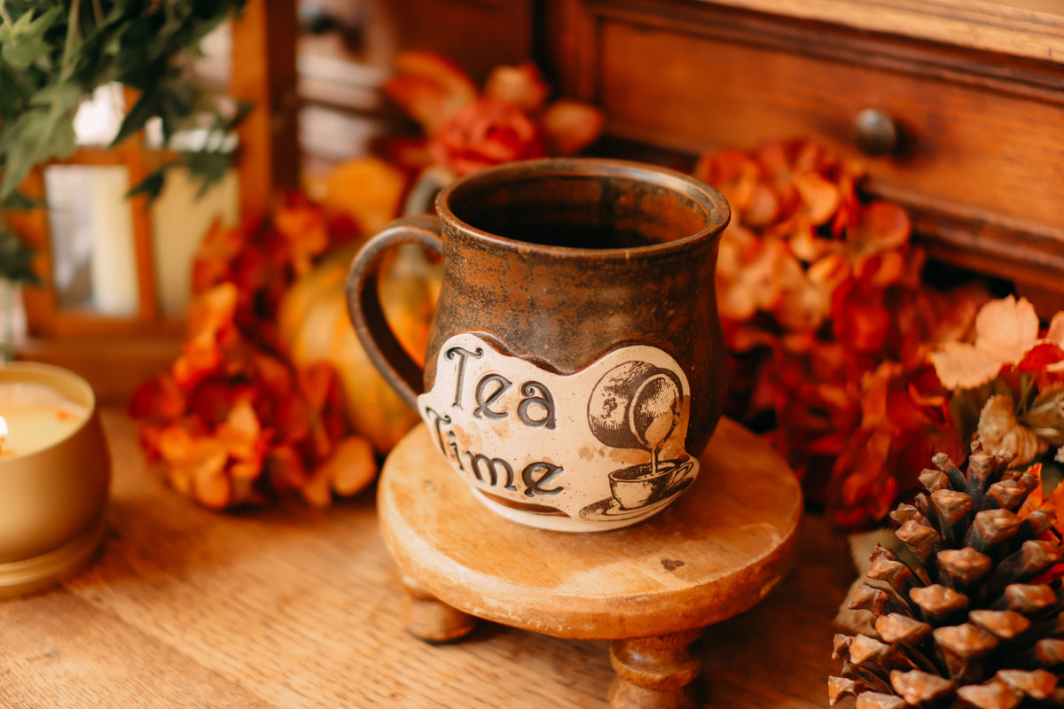 Tasse en grès style étiquette d'apothicaire ancienne « Tea time »