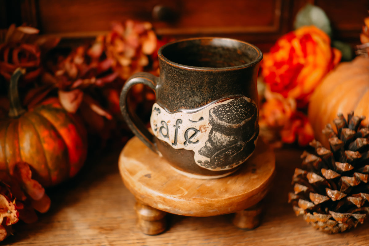 Tasse en grès style étiquette d'apothicaire ancienne « Café »