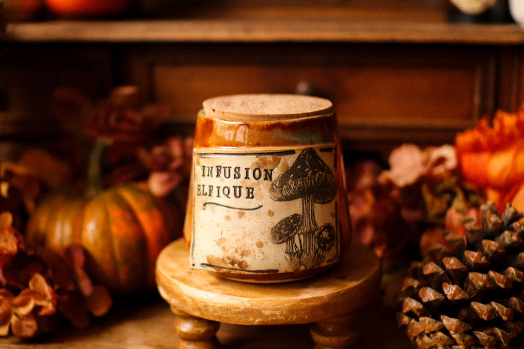 Petit pot pour cuisine style apothicaire avec étiquette « Infusion Elfique »