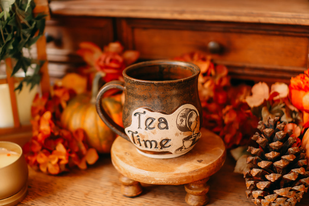 Tasse en grès style étiquette d'apothicaire ancienne « Tea time »