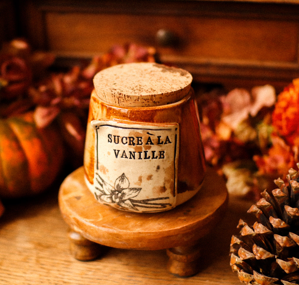 Petit pot pour cuisine style apothicaire avec étiquette « Sucre à la vanille »