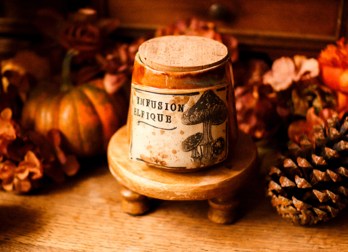 Petit pot pour cuisine style apothicaire avec étiquette « Infusion Elfique »