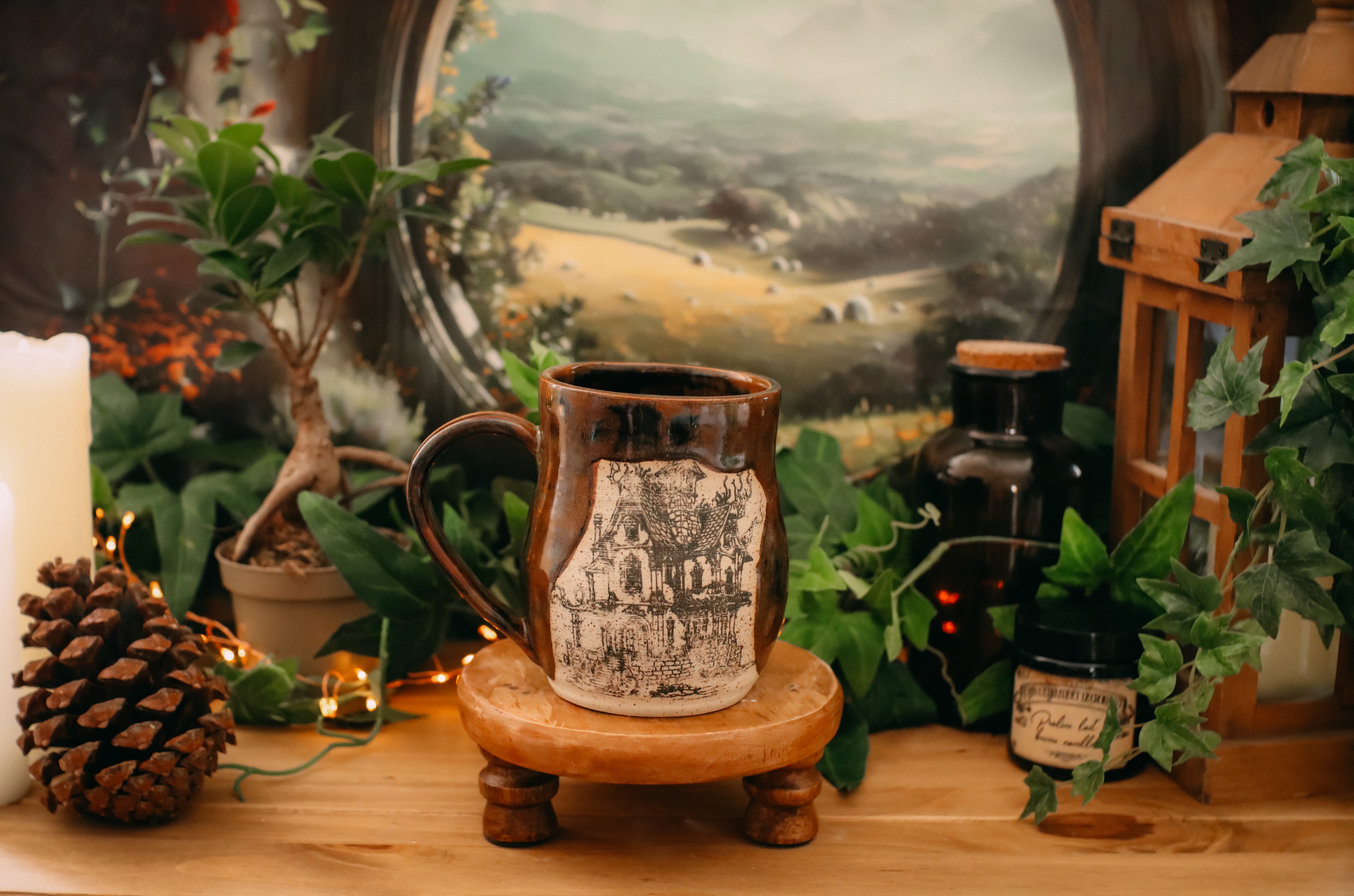 Tasse en grès illustration vintage « Manoir au coin du bois »