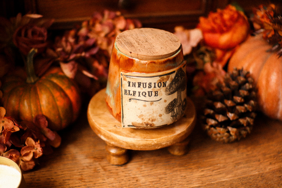 Petit pot pour cuisine style apothicaire avec étiquette « Infusion Elfique »