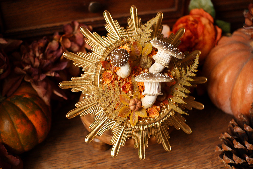 Cadre soleil style baroque doré aux amanites et citrouilles