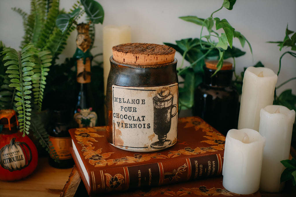 Pot pour cuisine style apothicaire « Mélange pour chocolat viennois» en grès