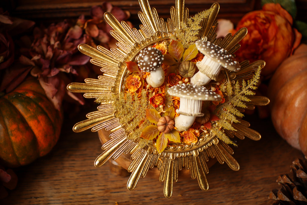 Cadre soleil style baroque doré aux amanites et citrouilles