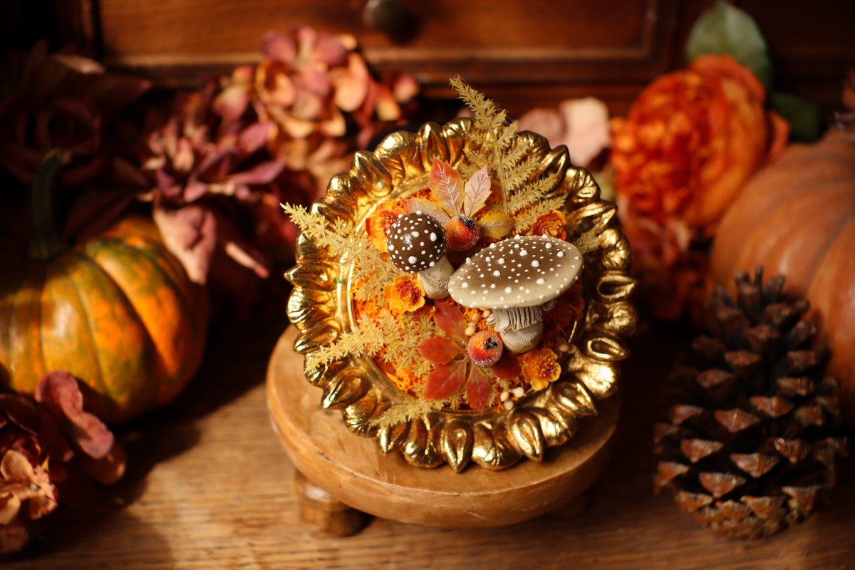 Petit cadre rond baroque automnal aux amanites et citrouilles