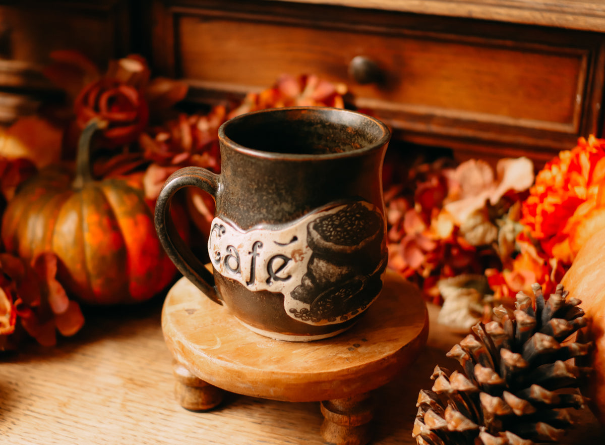 Tasse en grès style étiquette d'apothicaire ancienne « Café »
