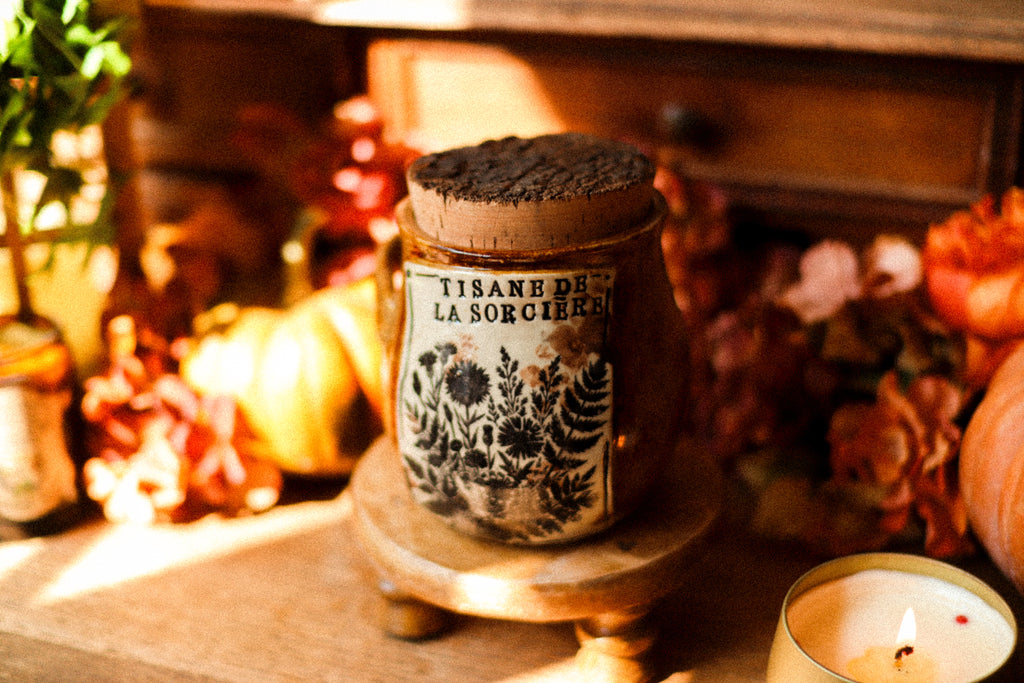 Grand pot pour cuisine style apothicaire avec étiquette « Tisane de la sorcière »