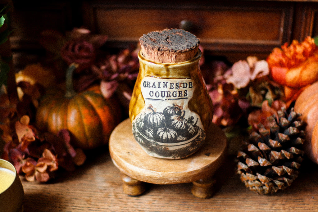 Petit pot pour cuisine style apothicaire avec étiquette « Graines de courges »