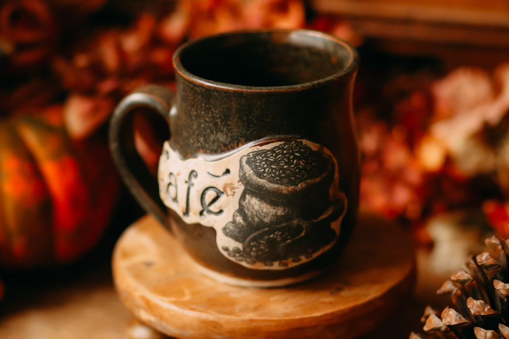 Tasse en grès style étiquette d'apothicaire ancienne « Café »