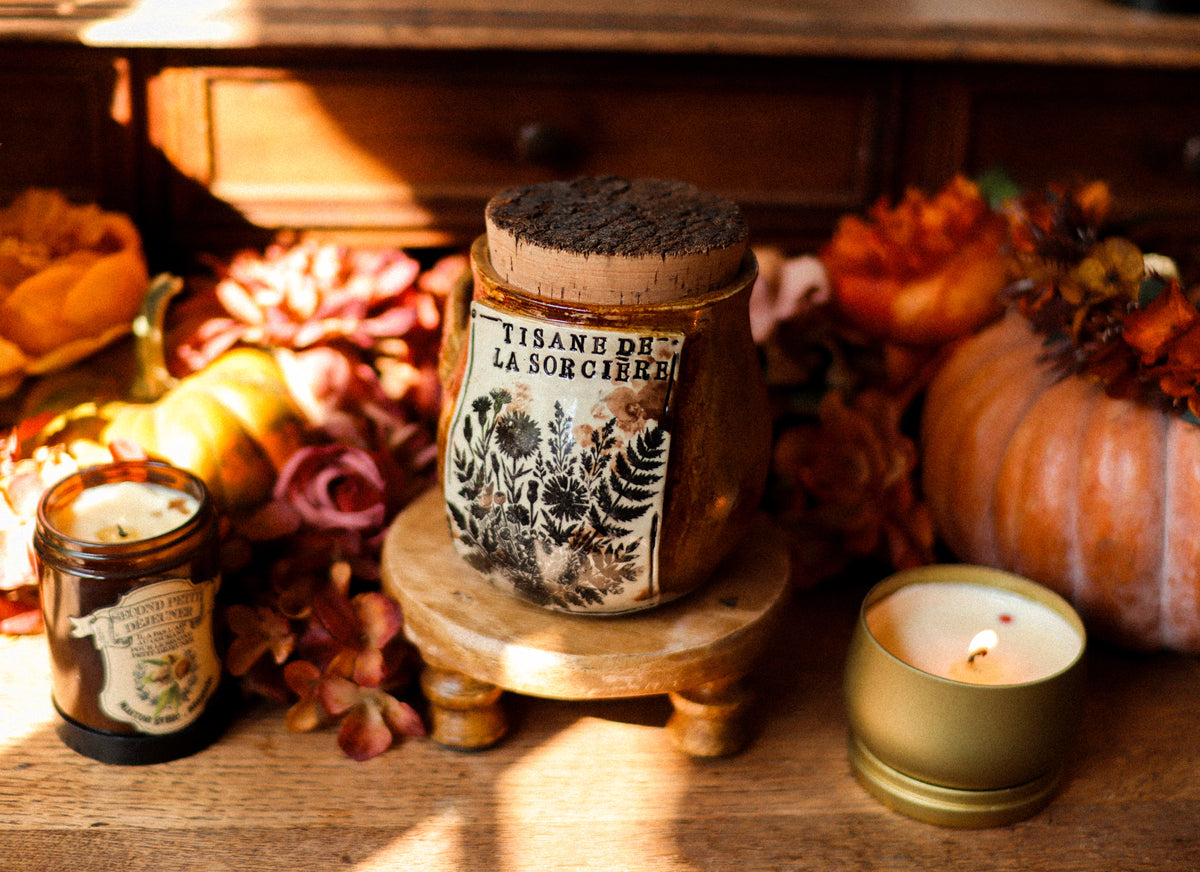 Grand pot pour cuisine style apothicaire avec étiquette « Tisane de la sorcière »
