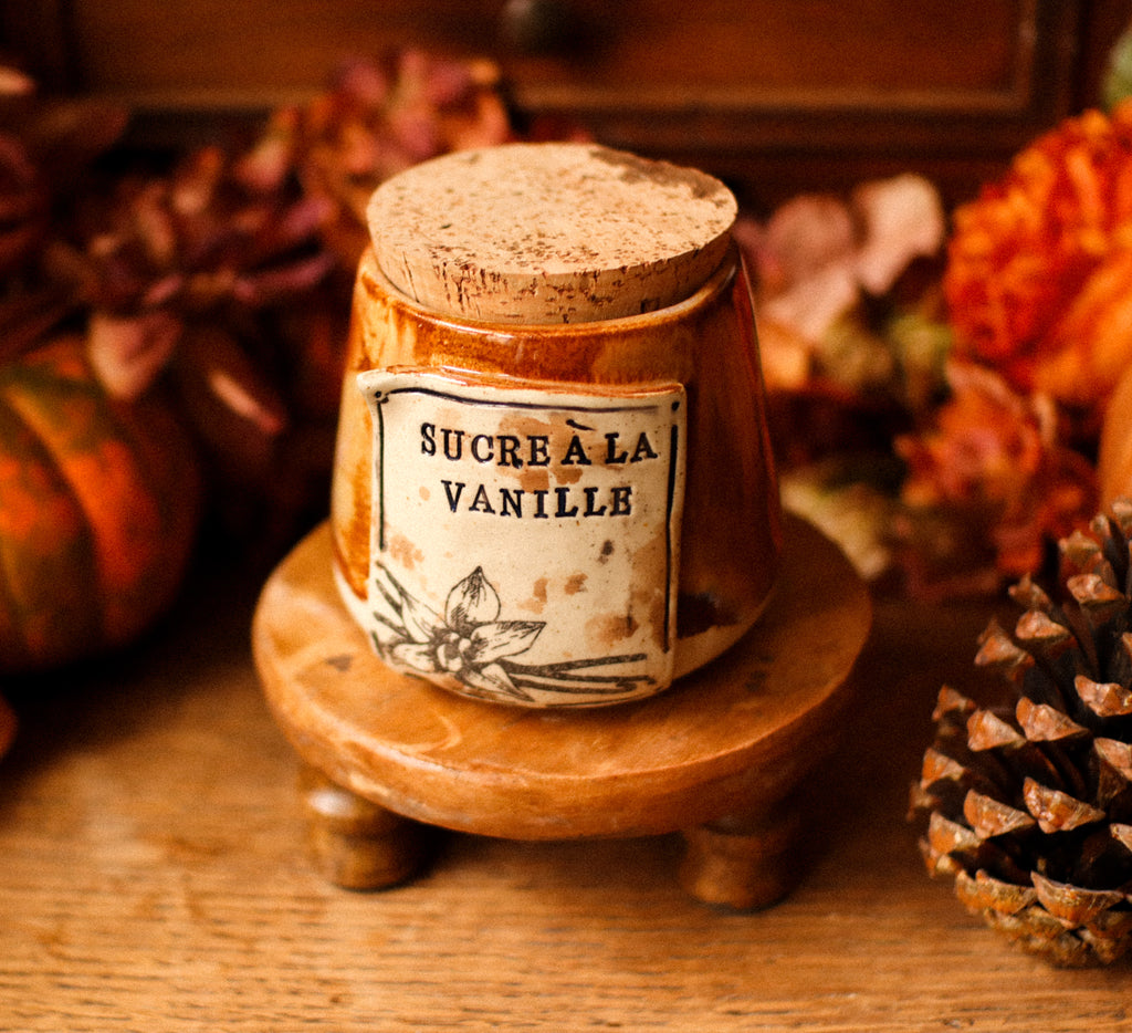 Petit pot pour cuisine style apothicaire avec étiquette « Sucre à la vanille »