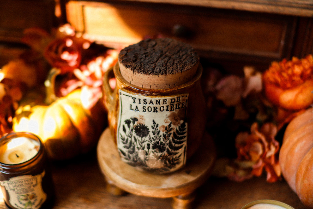 Grand pot pour cuisine style apothicaire avec étiquette « Tisane de la sorcière »